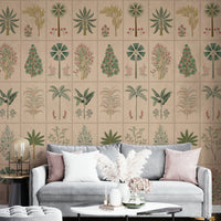 A peaceful wall mural with an organic, botanical design.

