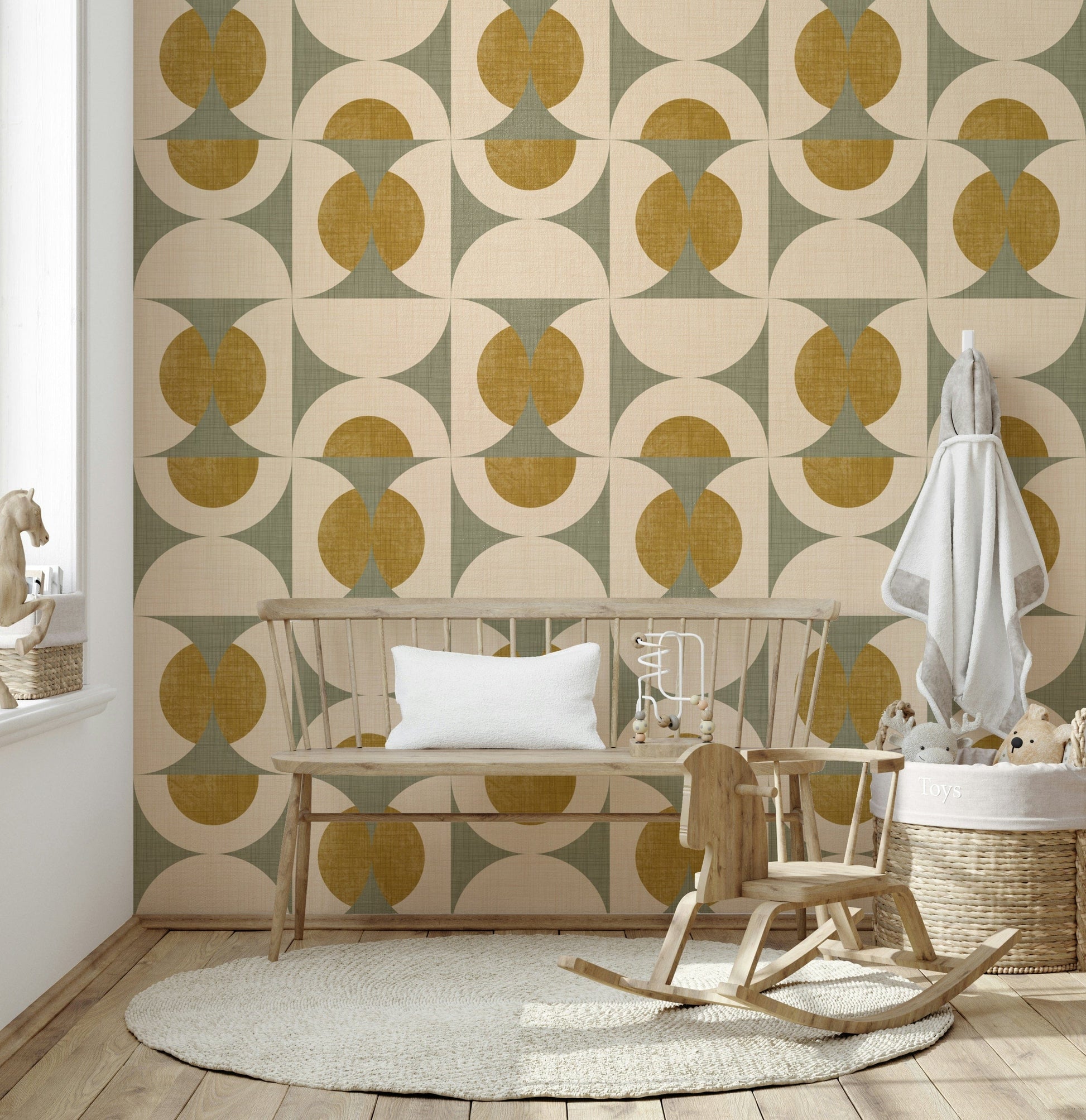 Decorative retro wallpaper featuring a grid of curved shapes in muted warm and cool hues.