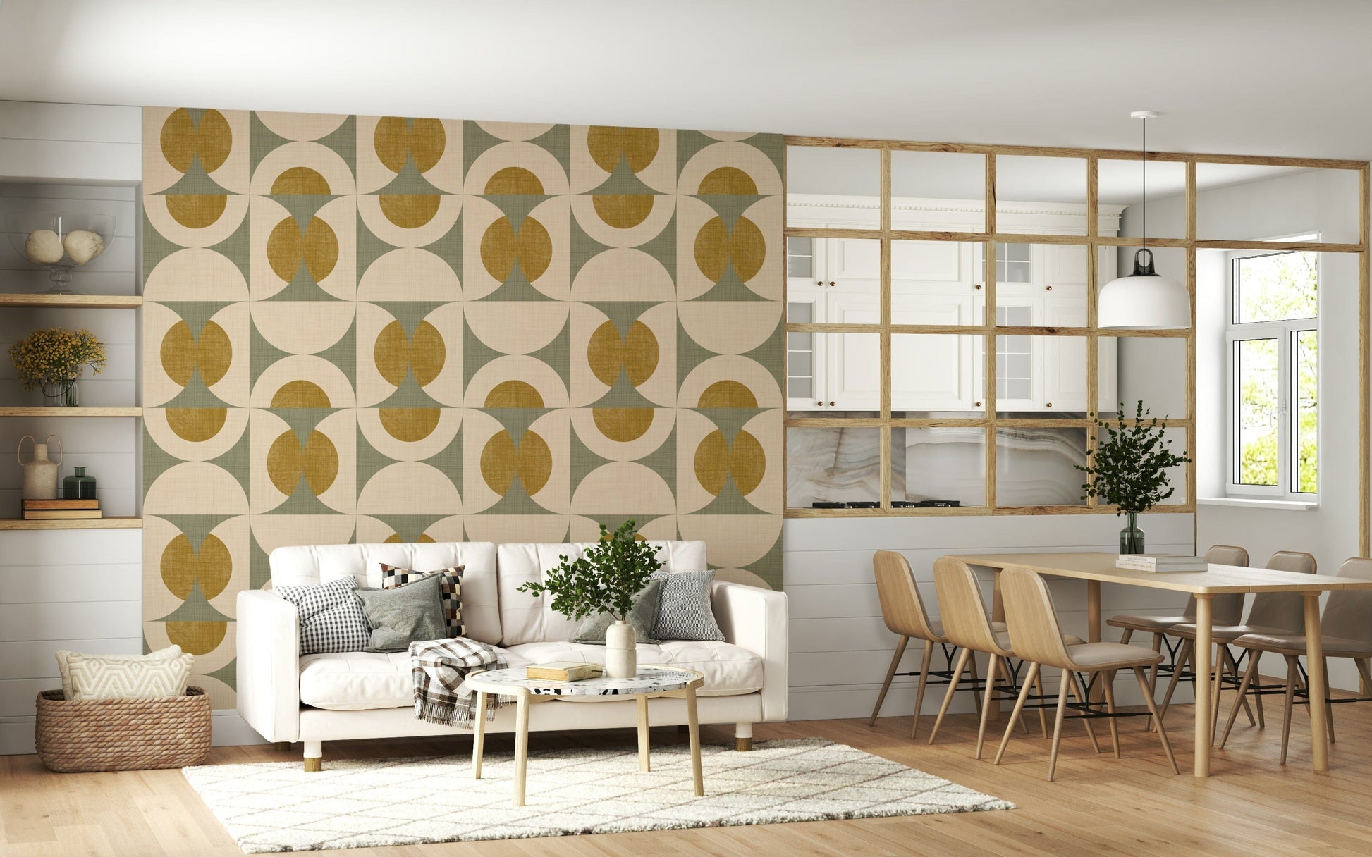 Chic vintage wallpaper showcasing layered arcs and oval shapes in calming earthy tones.