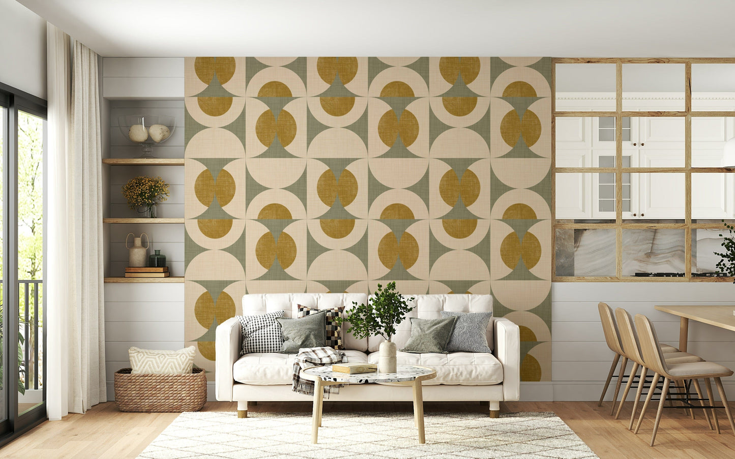 Mid-century modern style wallpaper with repeating curved motifs in a vintage palette.