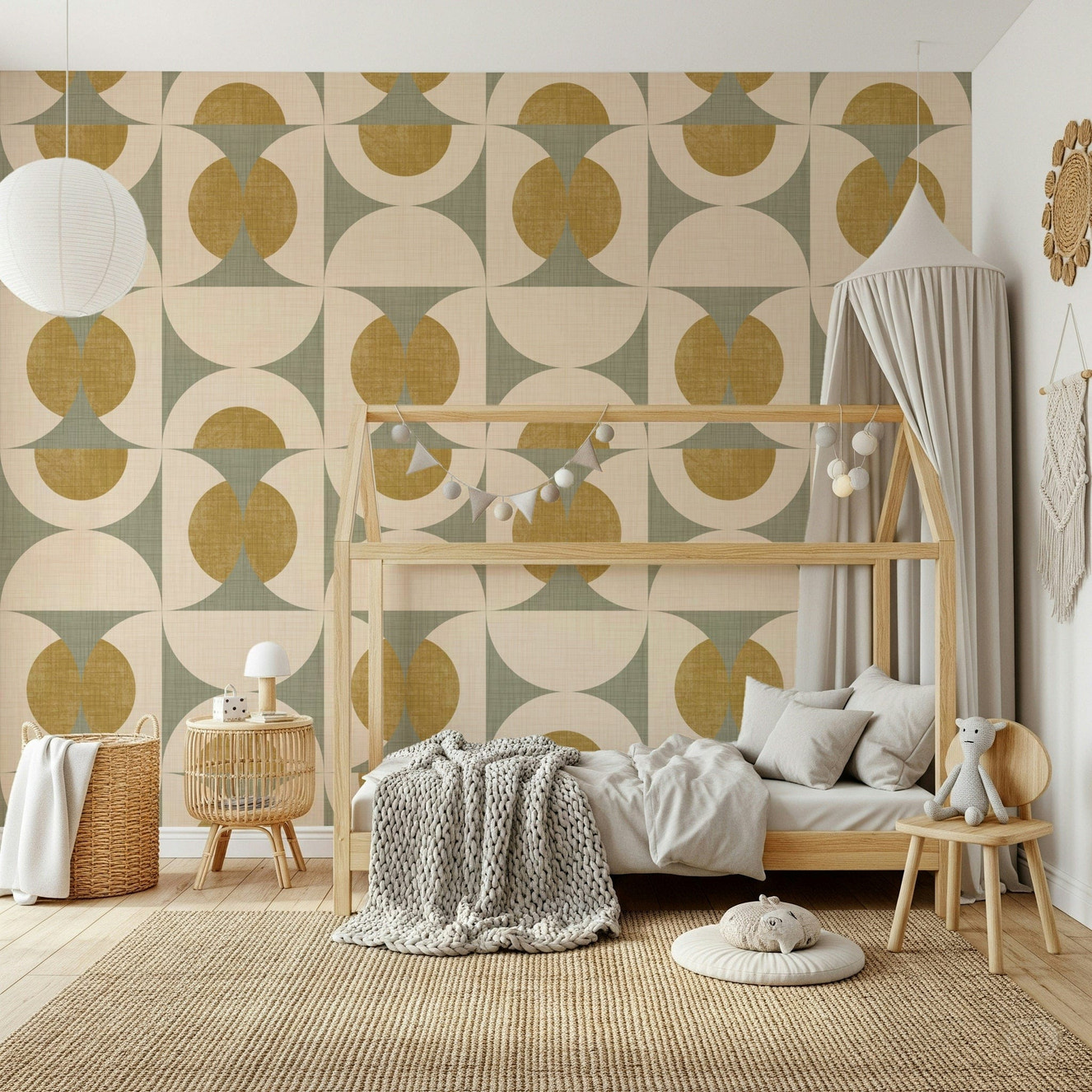 Vintage geometric chic wallpaper with repeating curved shapes in sage green and mustard tones.