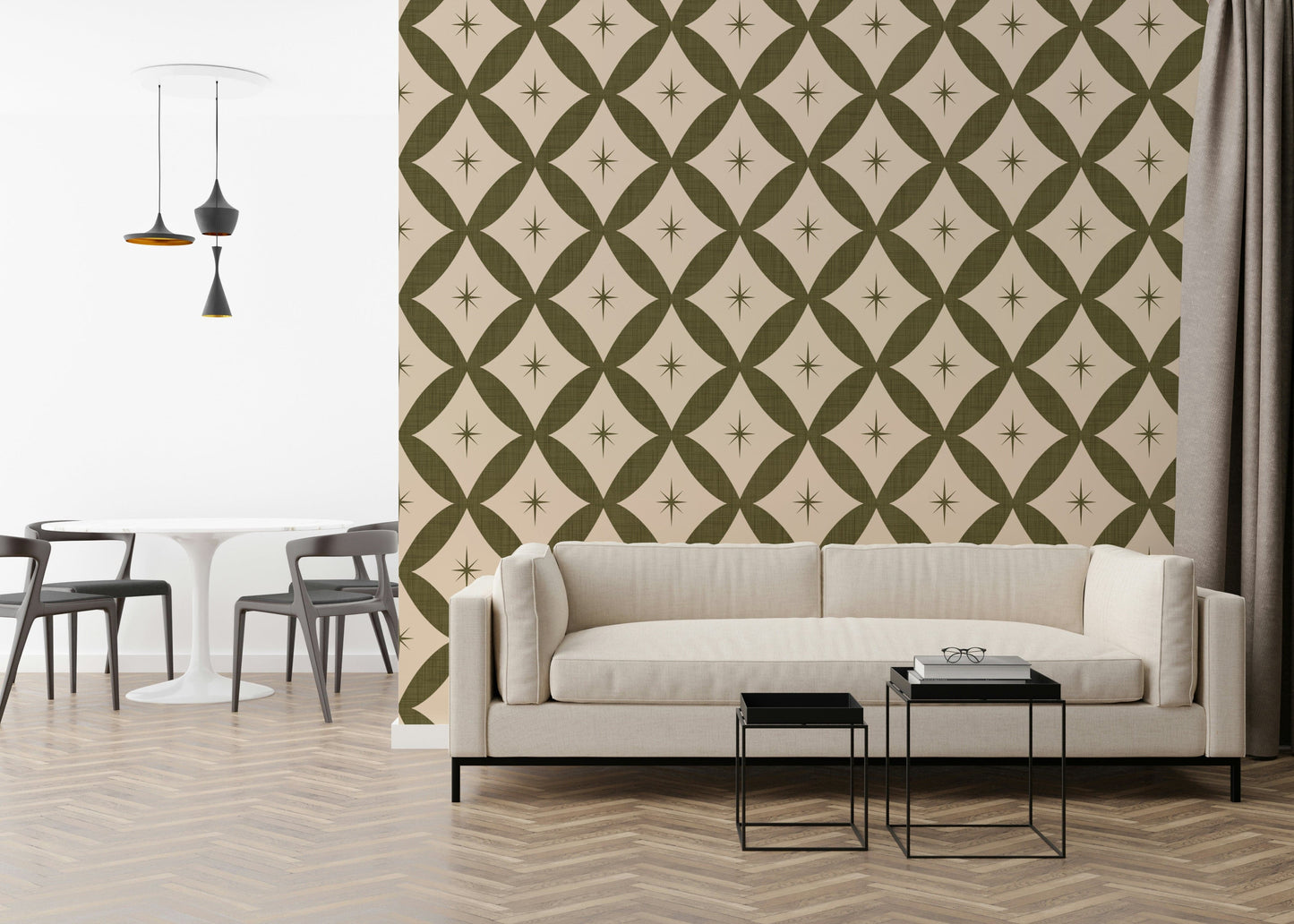 Decorative vintage wallpaper with olive green diamond shapes and centered starbursts.