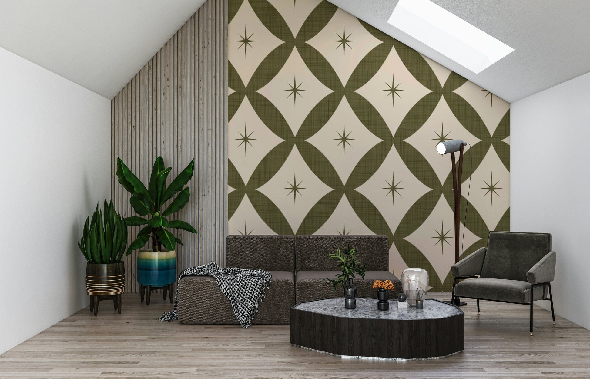 Mid-century inspired wallpaper with repeating diamond lattice and subtle star accents.
