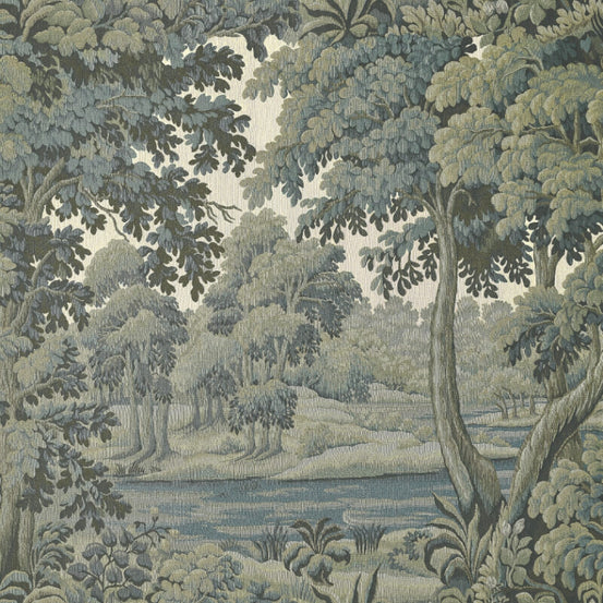 Vintage Green Jungle wallpaper shown as a full-wall mural of a woodland forest with dense trees and a calm river