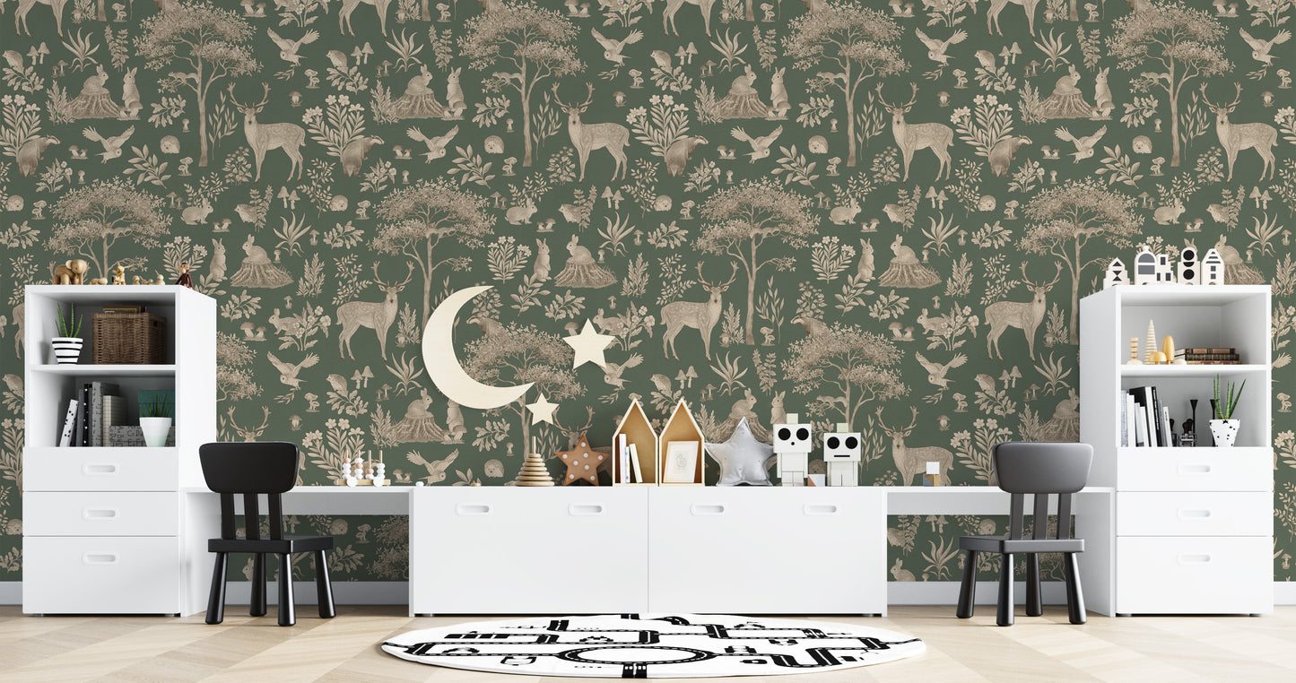 Vintage Green Wildlife Wallpaper