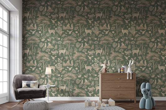 Vintage Green Wildlife wallpaper in a living room with a brown velvet armchair and wooden dresser