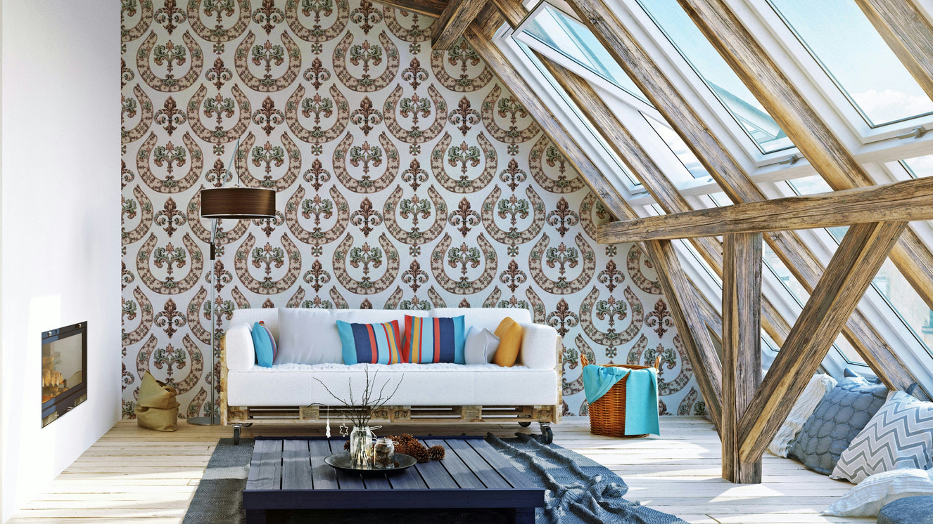 A wallpaper with a repeating vintage pattern.
