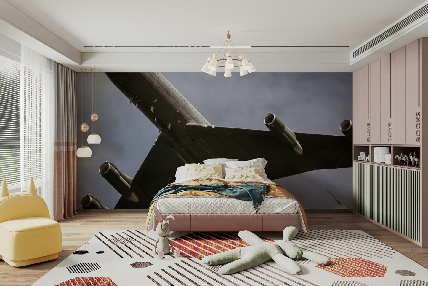 The peel and stick wallpaper showing realistic aviation textures.