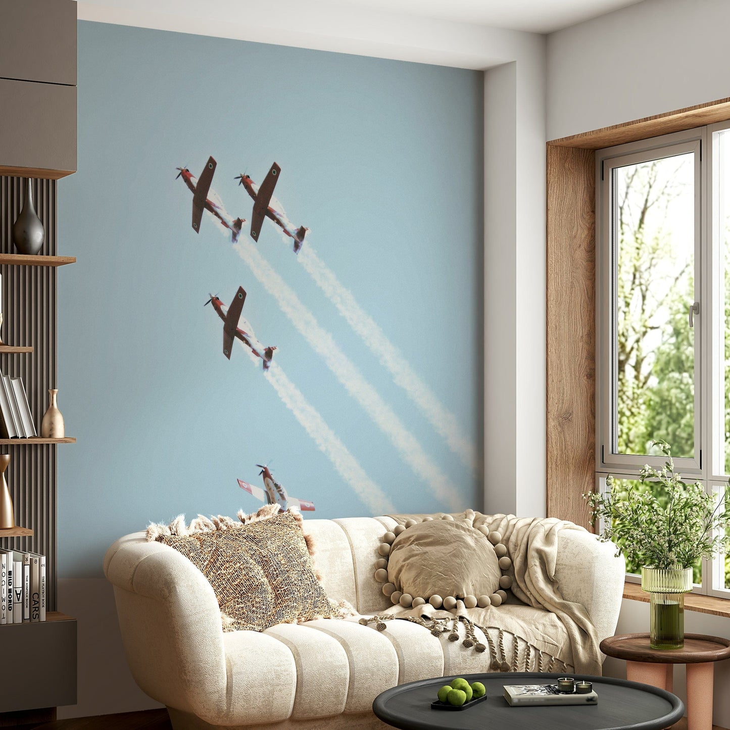 A peaceful historic air force mural on decorative wallpaper.

