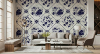 Indigo floral tile wallpaper in hallway, vintage grid, neat wall covering for a flat