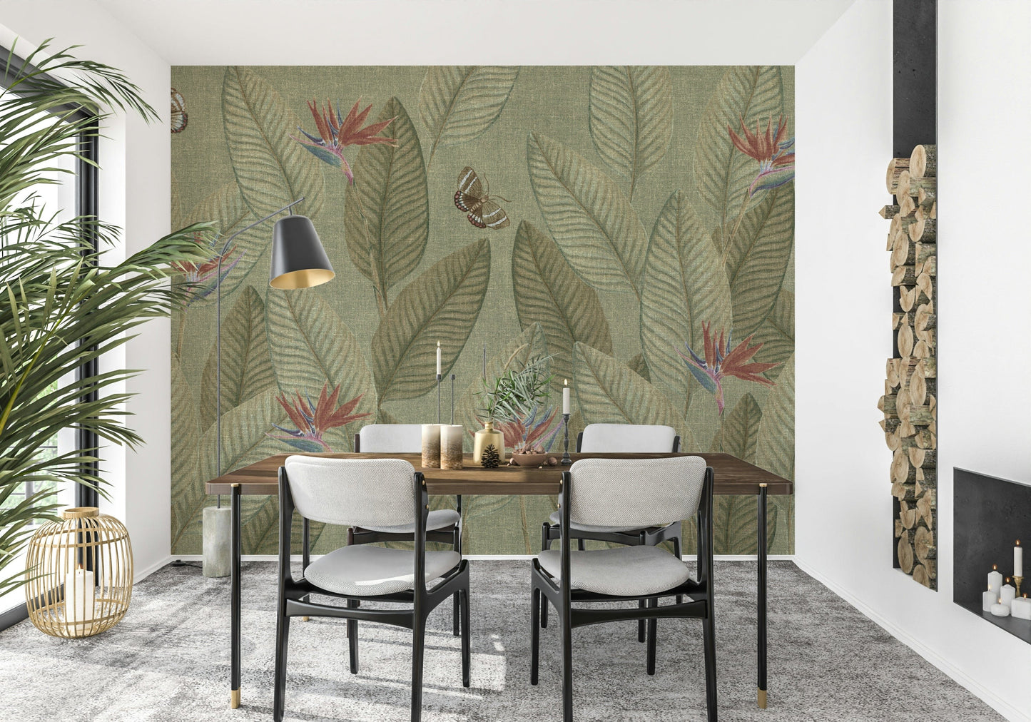 Wide room perspective showing Jungle Life Faded repeating design.