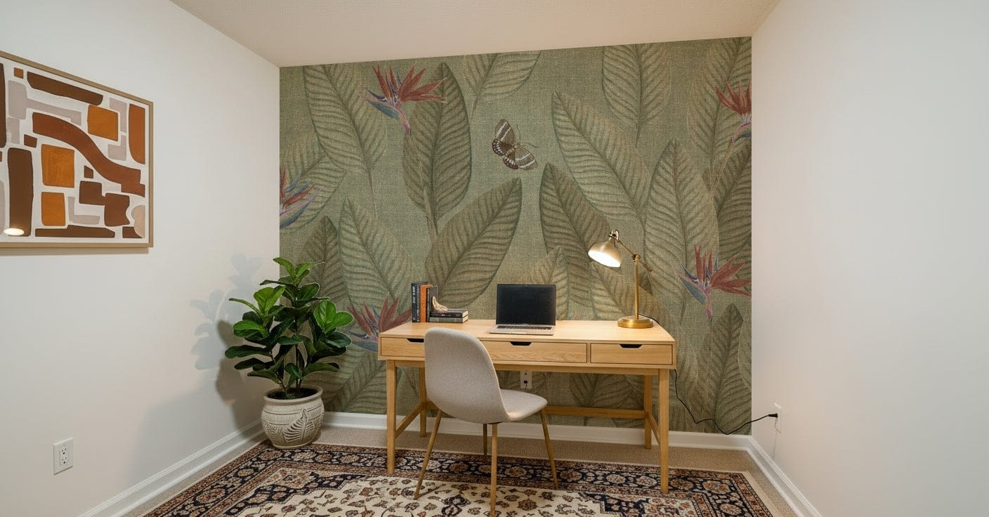 Oversized leaf pattern gives depth to Jungle Life Faded design.