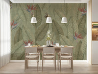 Monochrome dusty green hues for Jungle Life Faded cozy wallpaper.