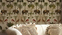 Rich, vintage design of jungle flora and fauna on wallpaper

