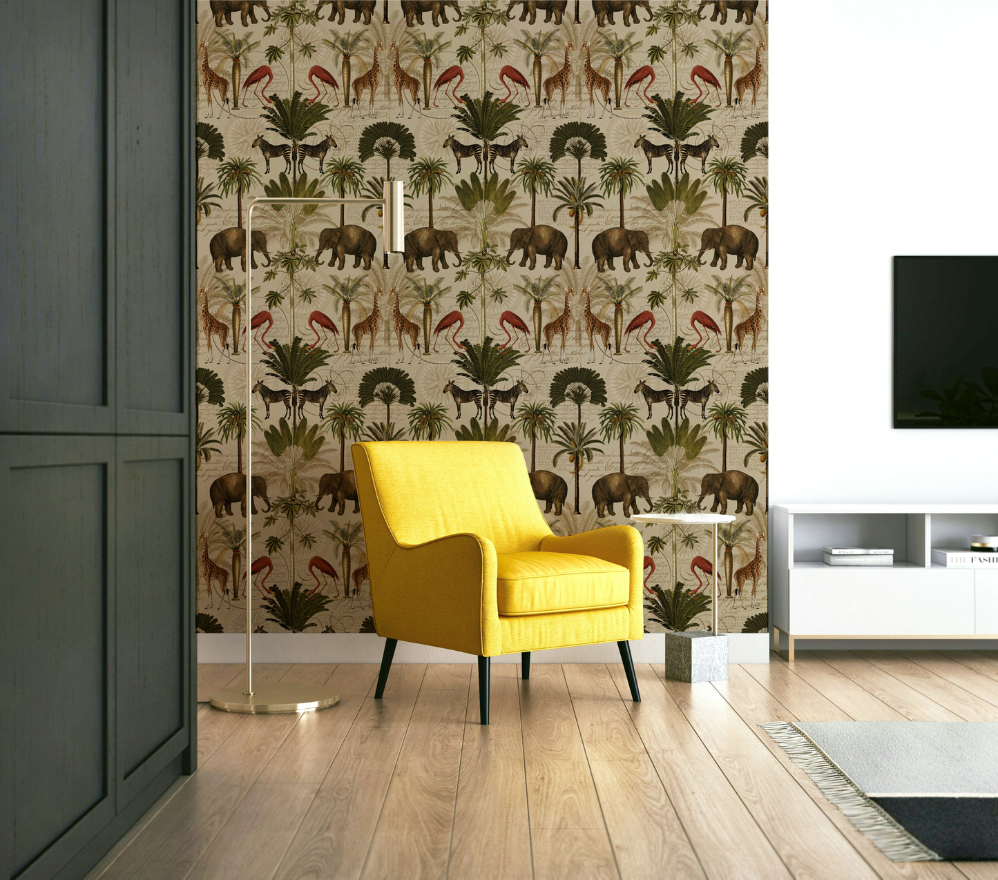 Tropical paradise wallpaper with intricate floral and wildlife details

