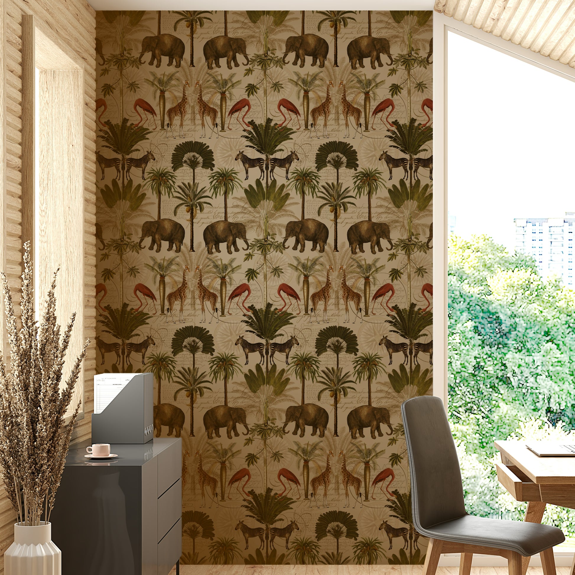 Vintage jungle wallpaper with lush green leaves and colorful flowers

