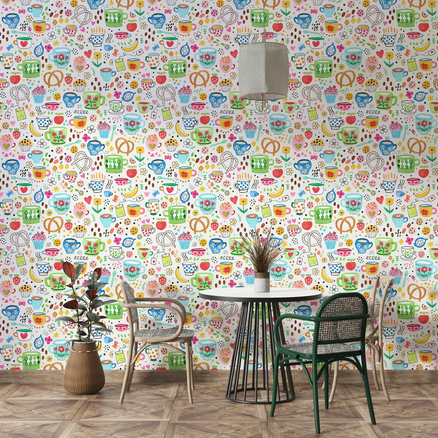 Retro wallpaper showing kitchen accessories in soft tones.

