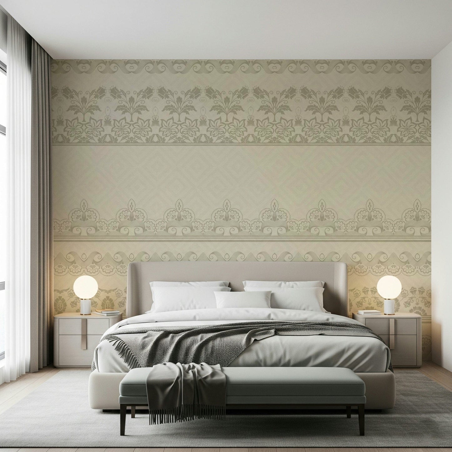 Vintage Lace Bands Wall Mural in a farmhouse style apartment living room.