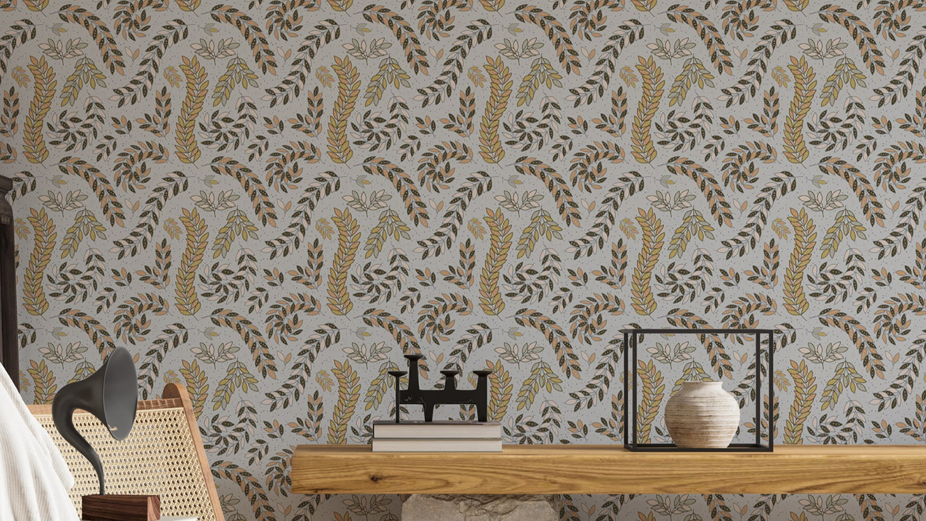 Vintage Foliage Golden and Gray Wallpaper