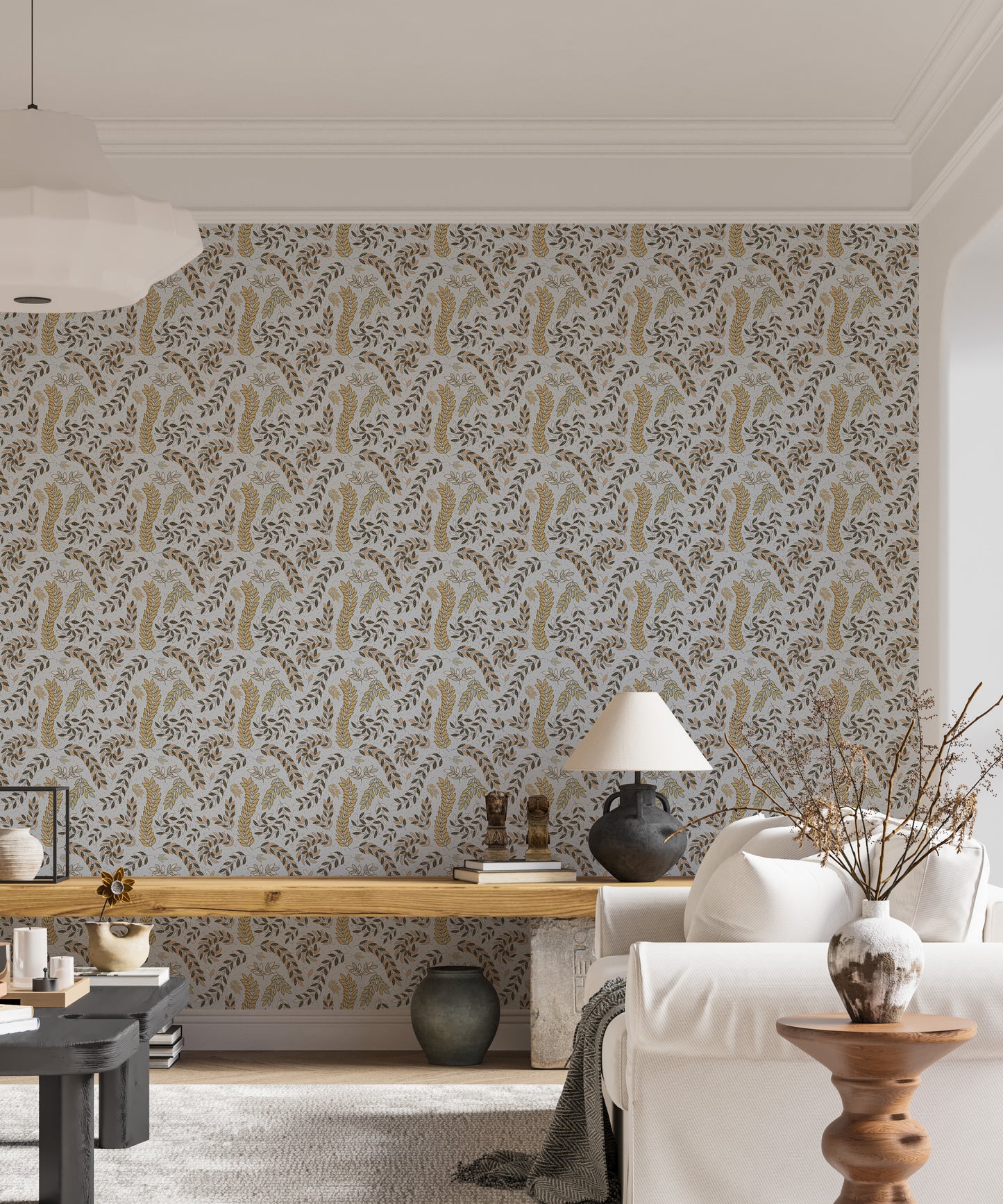 Vintage Foliage Golden and Gray Wallpaper