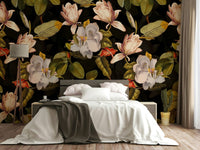 The mural is installed in a modern, eclectic living room.

