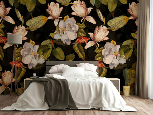 The mural is installed in a modern, eclectic living room.

