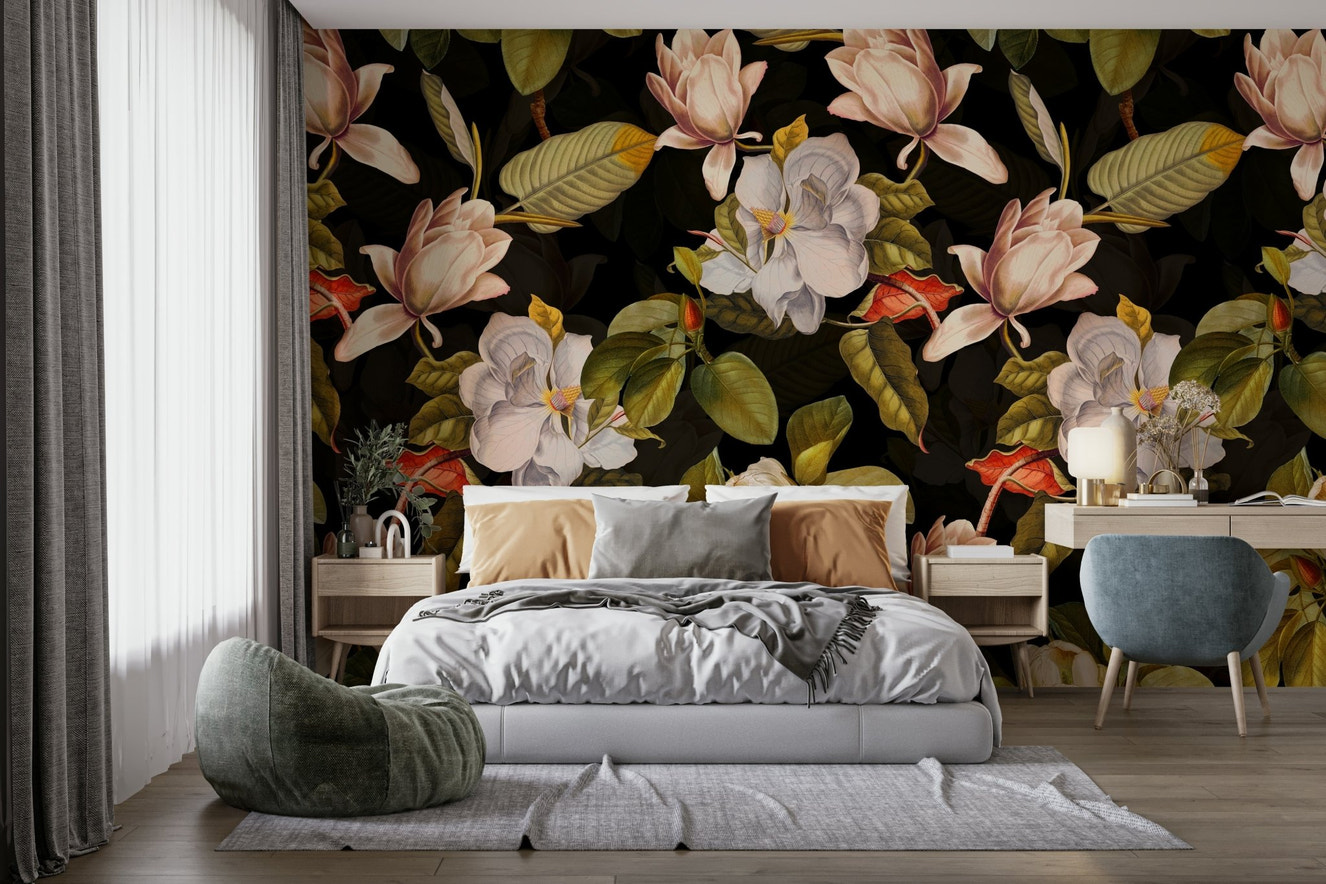 A wall mural featuring a bold, artistic floral pattern.


