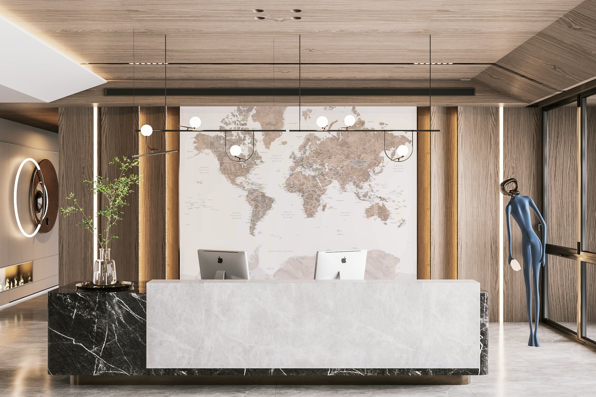 Antique-style map mural with soft watercolor tones


