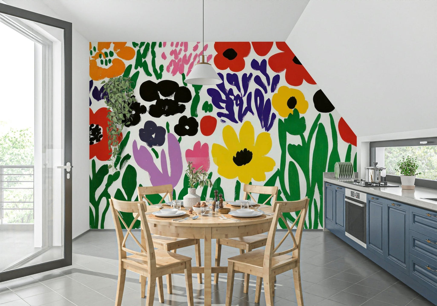 Bright living room with colorful garden mural

