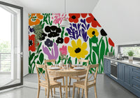 Bright living room with colorful garden mural

