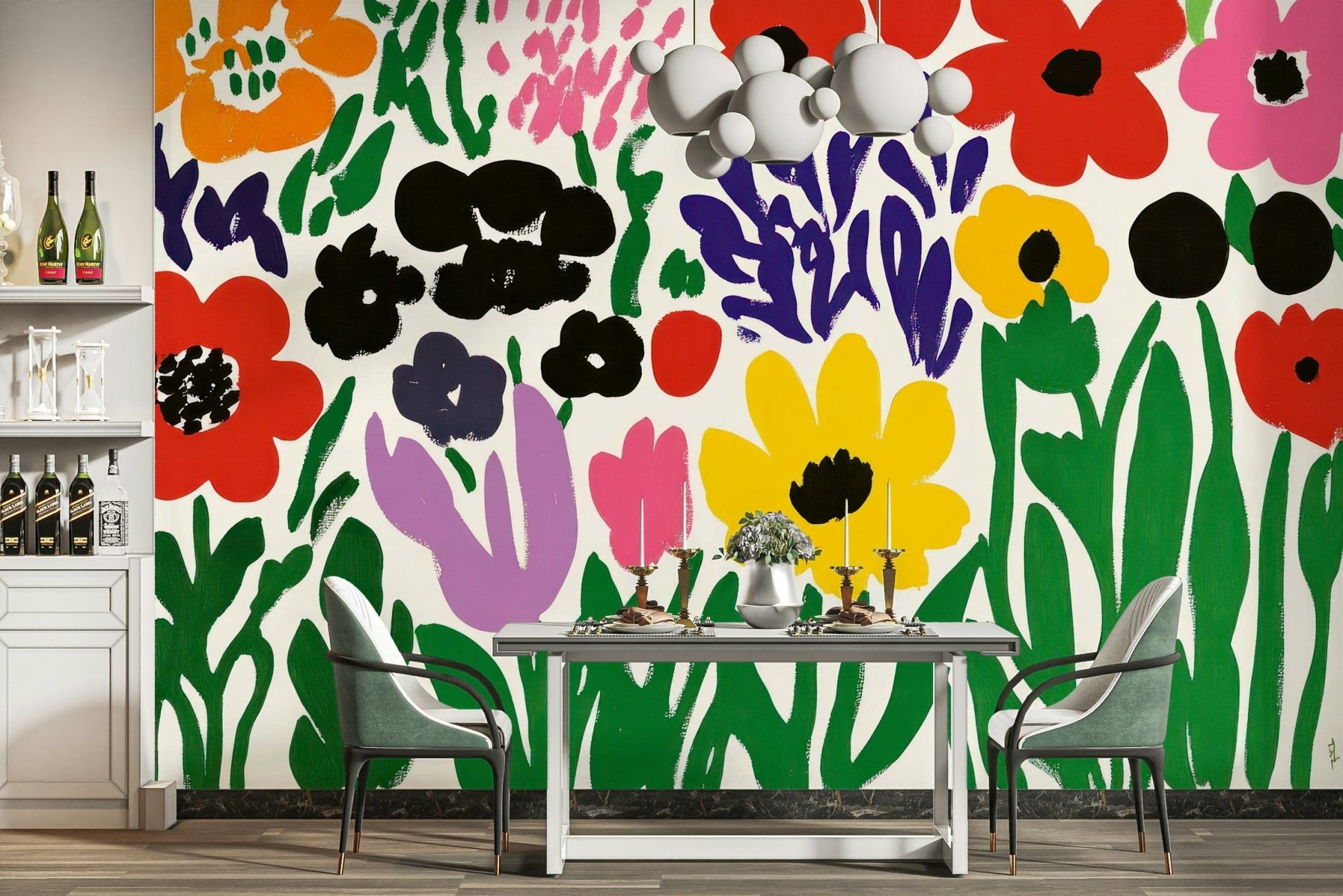 Mid-century modern wall mural with floral forms

