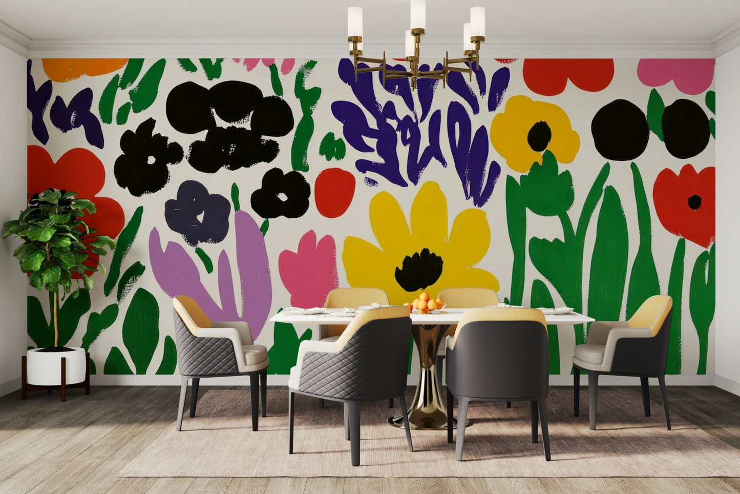 Joyful garden scene mural in bold abstract colors

