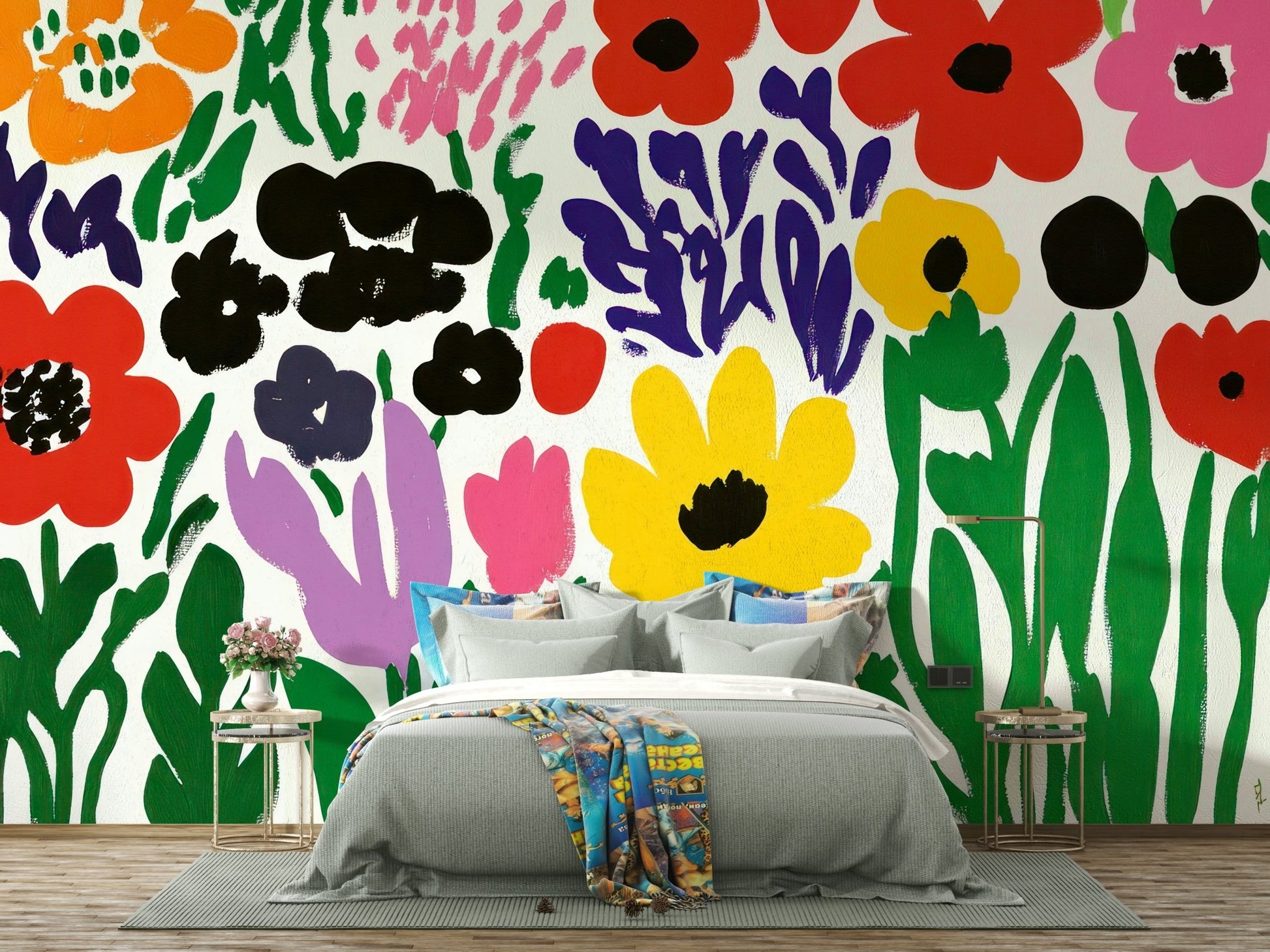 Mural of abstract garden with playful shapes

