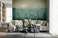 Meadow Dawn Wall Mural featuring soft sunlight over blooming wildflowers.