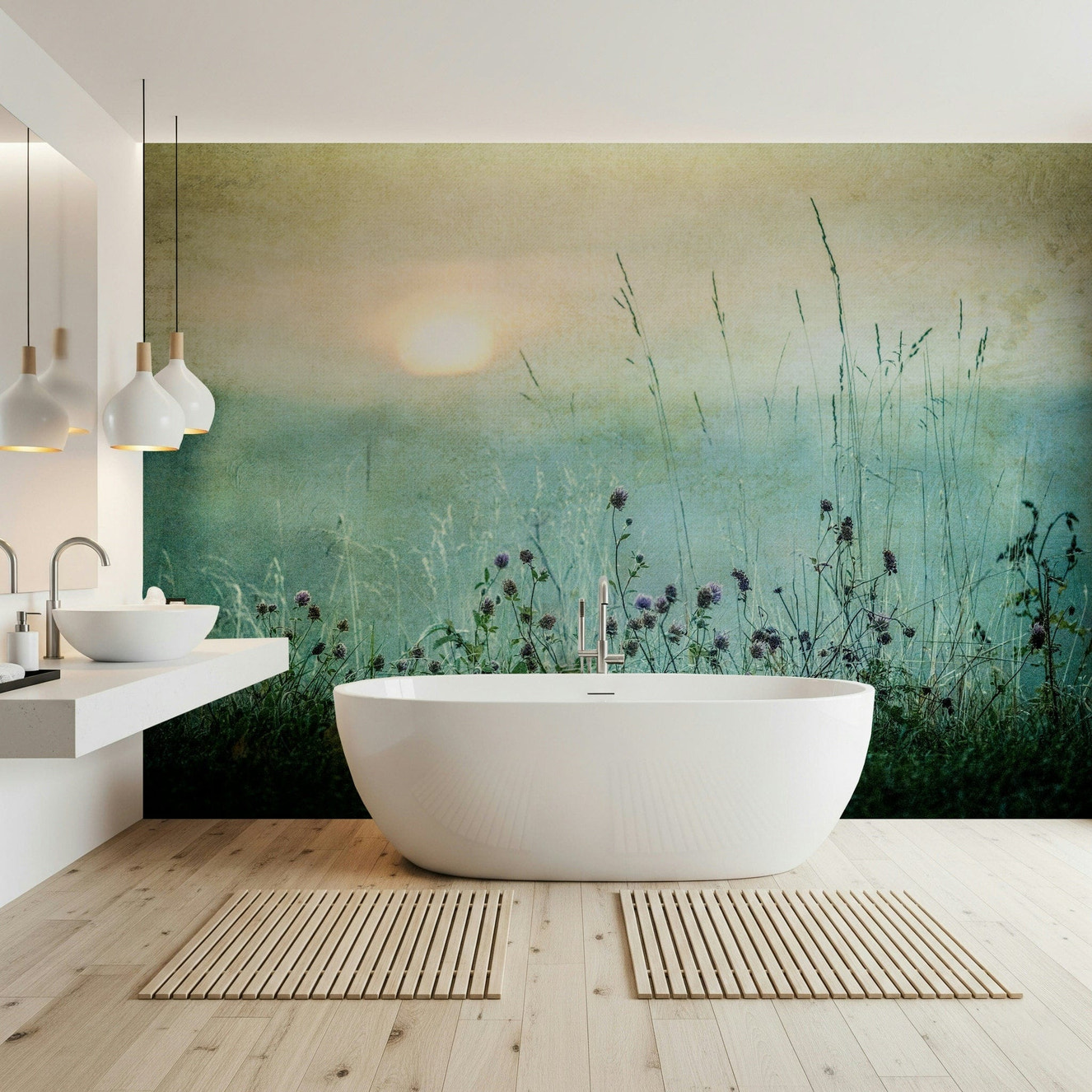 Vintage Meadow Dawn wallpaper evoking nostalgic, tranquil countryside vibes.
