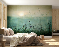 Artistic meadow sunrise mural with soft pastel hues and floral details.