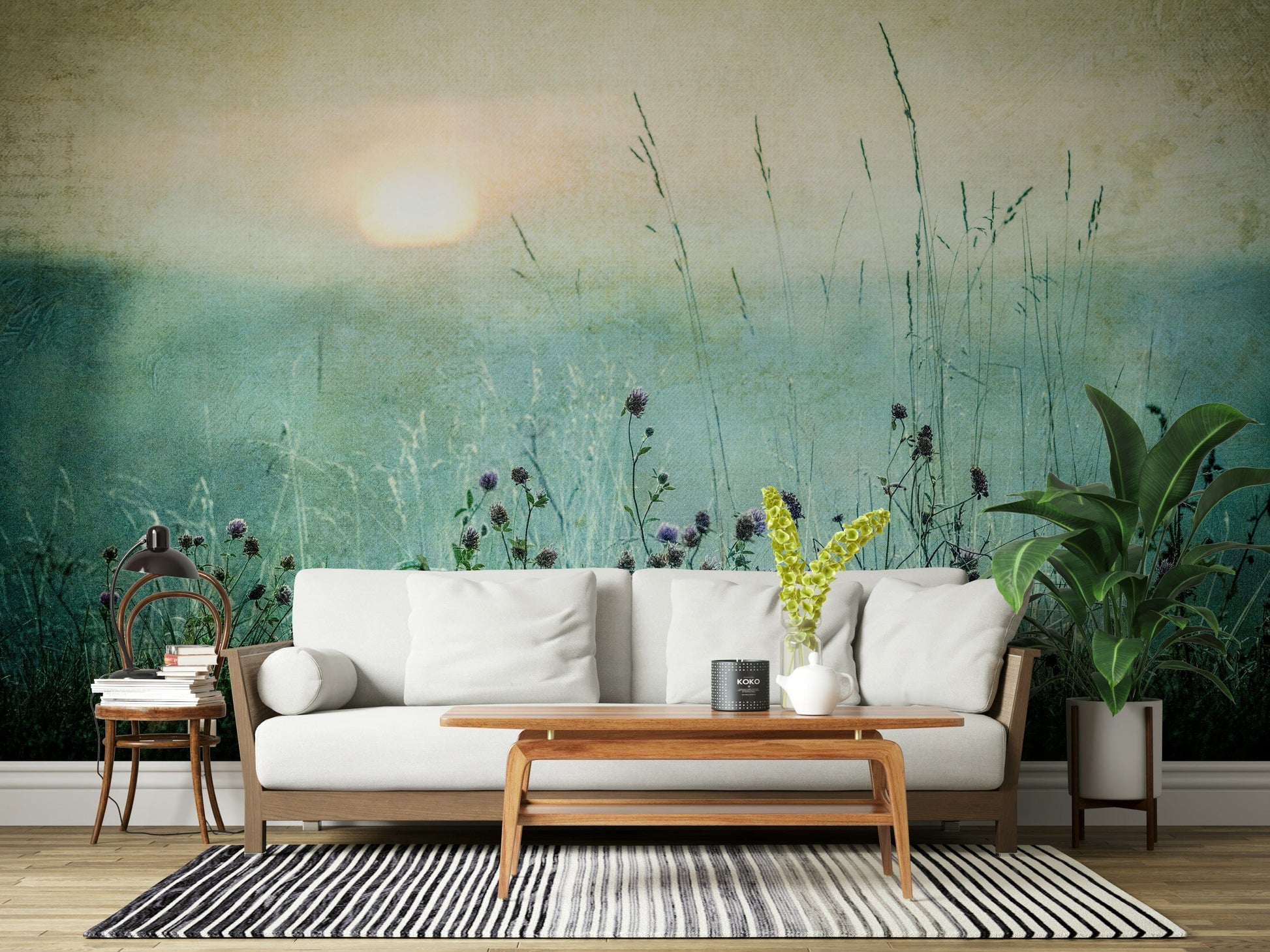 Sunrise meadow mural with vintage-inspired tones for cozy, elegant interiors.