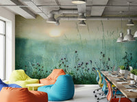 Vintage-inspired mural showcasing a peaceful meadow at sunrise for calming interiors.