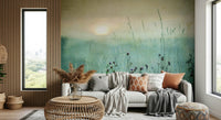Meadow-themed wall mural with soft dawn light and vintage-inspired floral scenery.