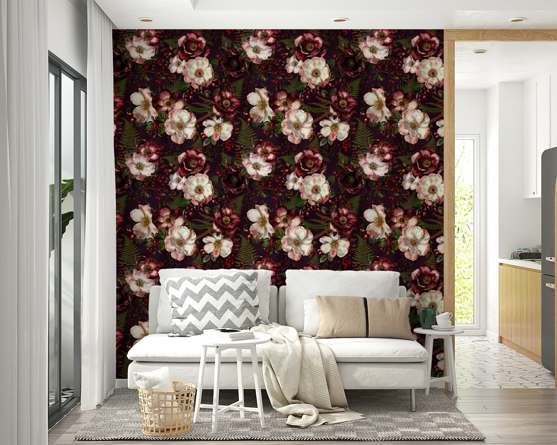 Vintage-inspired floral mural with dark tones

