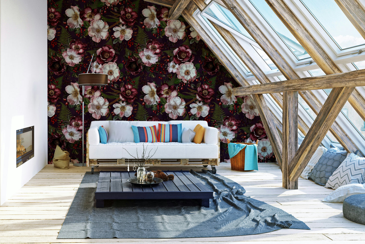 Romantic night garden wallpaper with roses

