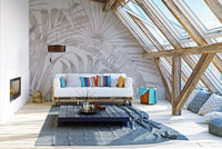 Neutral botanical wallpaper with palm leaf patterns
