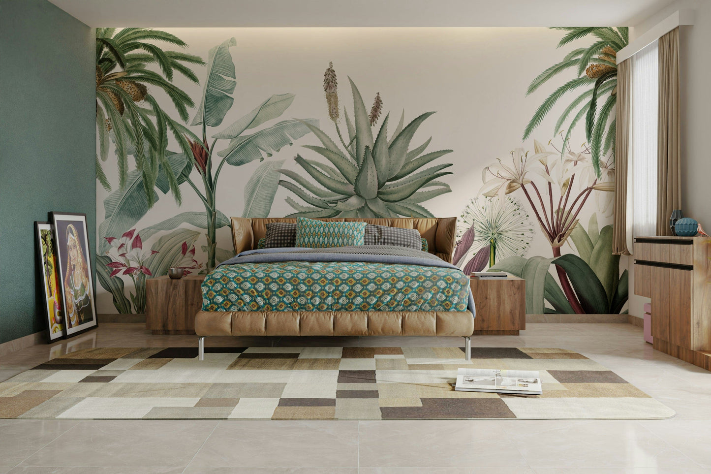 The design features a repeating pattern of soft, delicate palm trees and desert plants.

