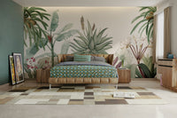 The design features a repeating pattern of soft, delicate palm trees and desert plants.

