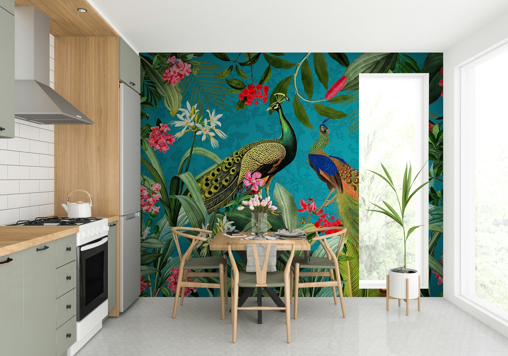 Vibrant blue and green peacock wall mural for feature walls


