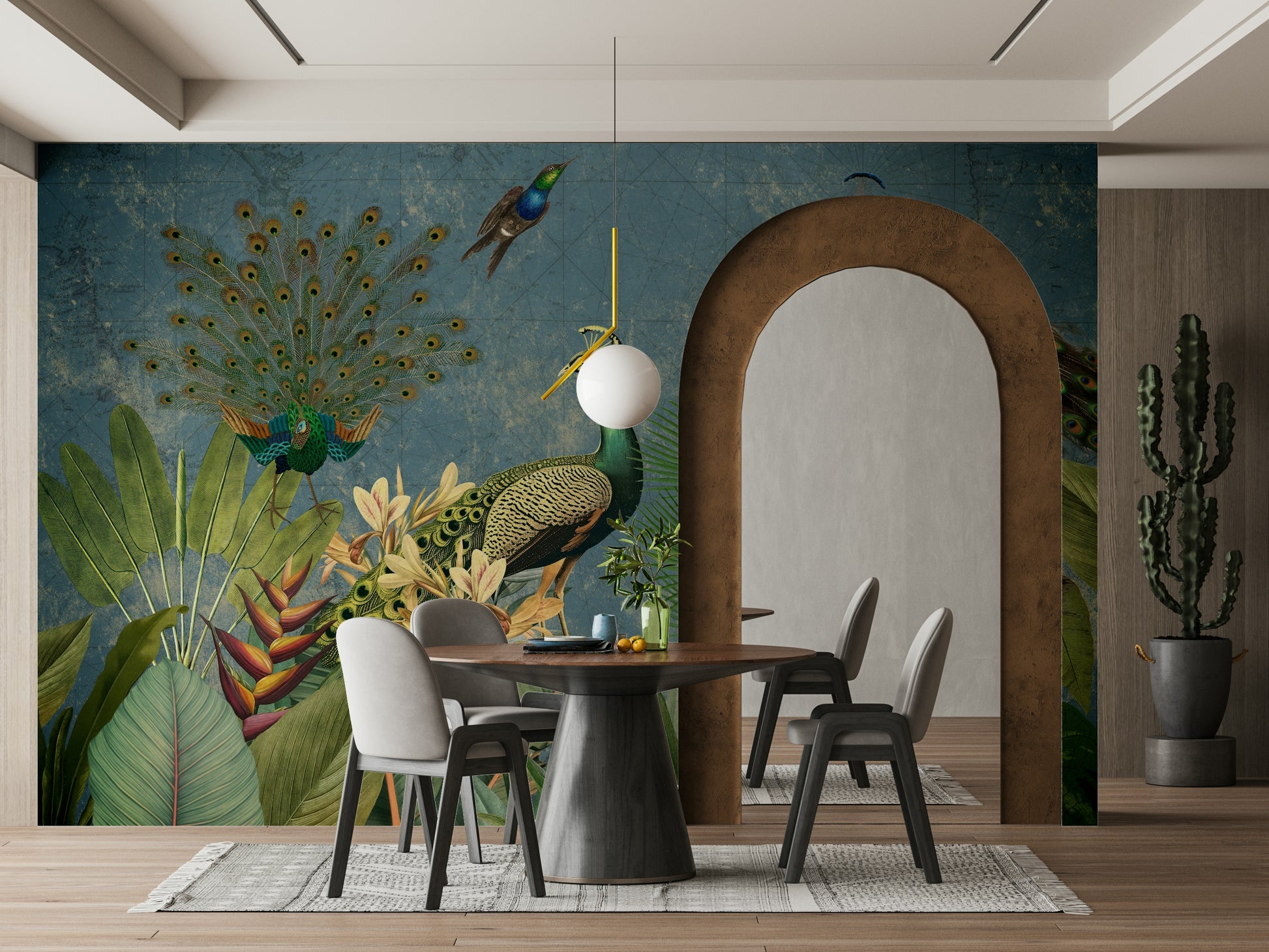 Vibrant peacock mural wallpaper creating a statement wall.

