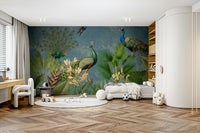 Elegant vintage peacock wall mural with rich colors and details.

