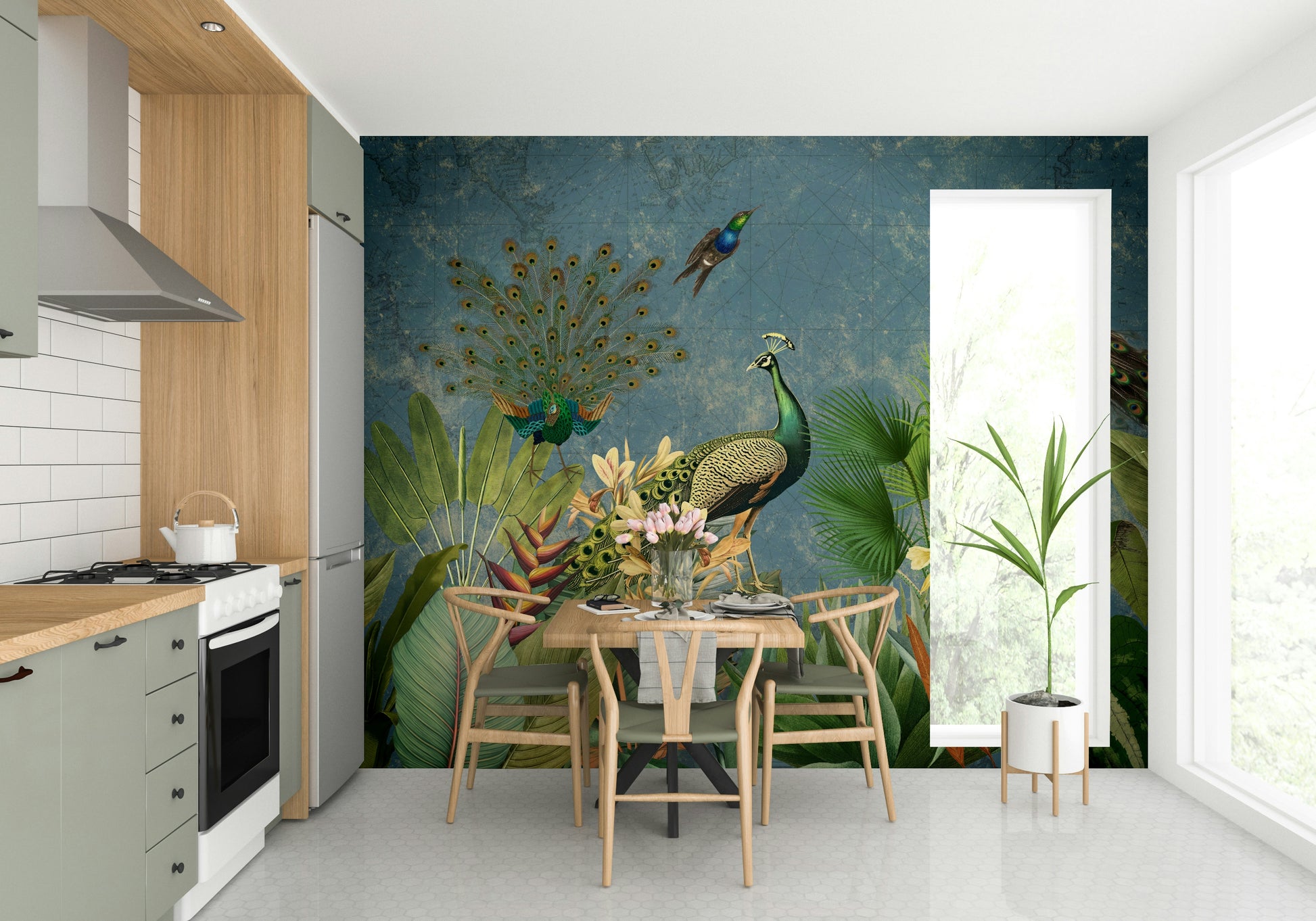 Regal peacock mural wallpaper for a luxurious home feel.

