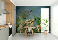 Regal peacock mural wallpaper for a luxurious home feel.

