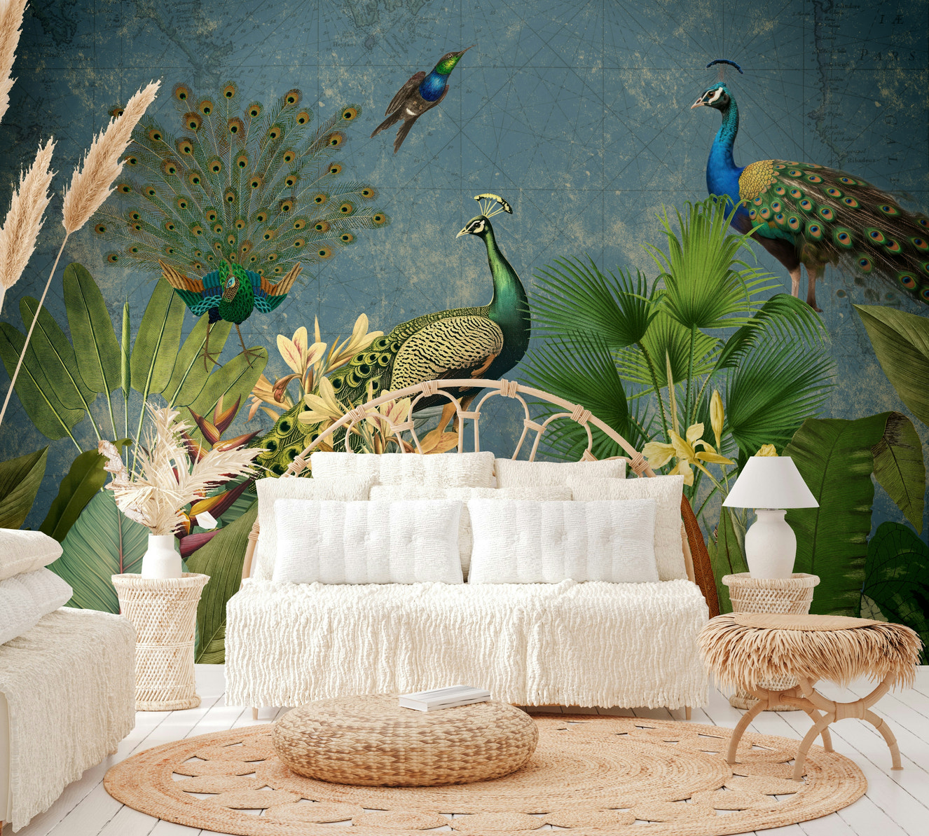 Vintage Peacock Paradise wall mural bringing exotic elegance.

